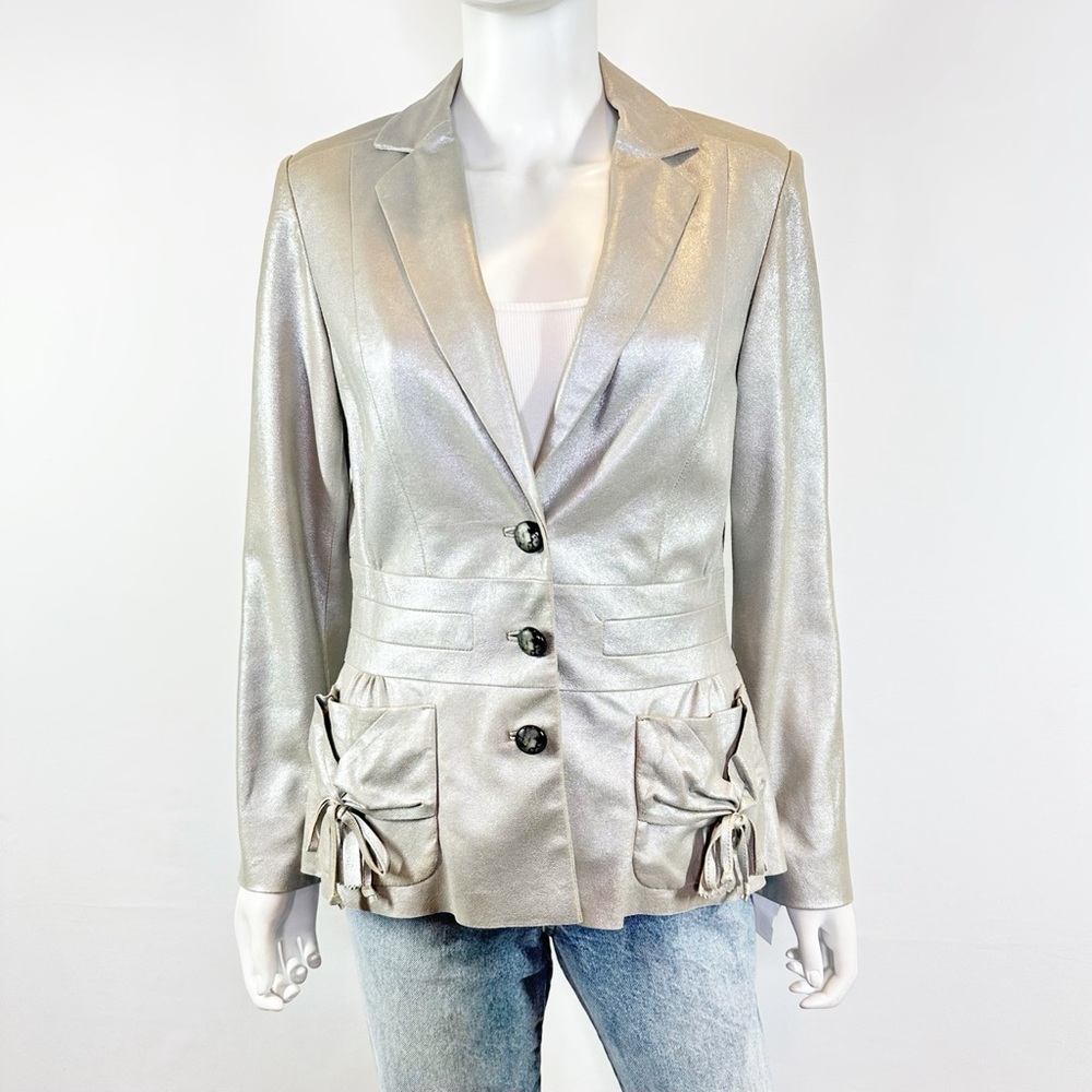 Etcetera Silver Leather Jacket Size 4 Pockets Long Sleeve Formal Festive Holiday